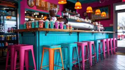 Craft Soda Shops, vibrant colors, detailed, cozy setting, photography