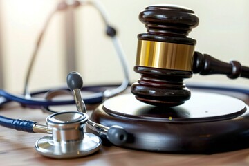 close-up photo of a judges gavel and a stethoscope side by side, symbolizing the intersection of law and healthcare in a medical malpractice case.