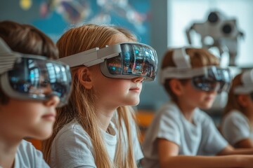 Students in a classroom wearing AR glasses that display interactive 3D lessons, with virtual models of historical events, scientific experiments, or space exploration around them 