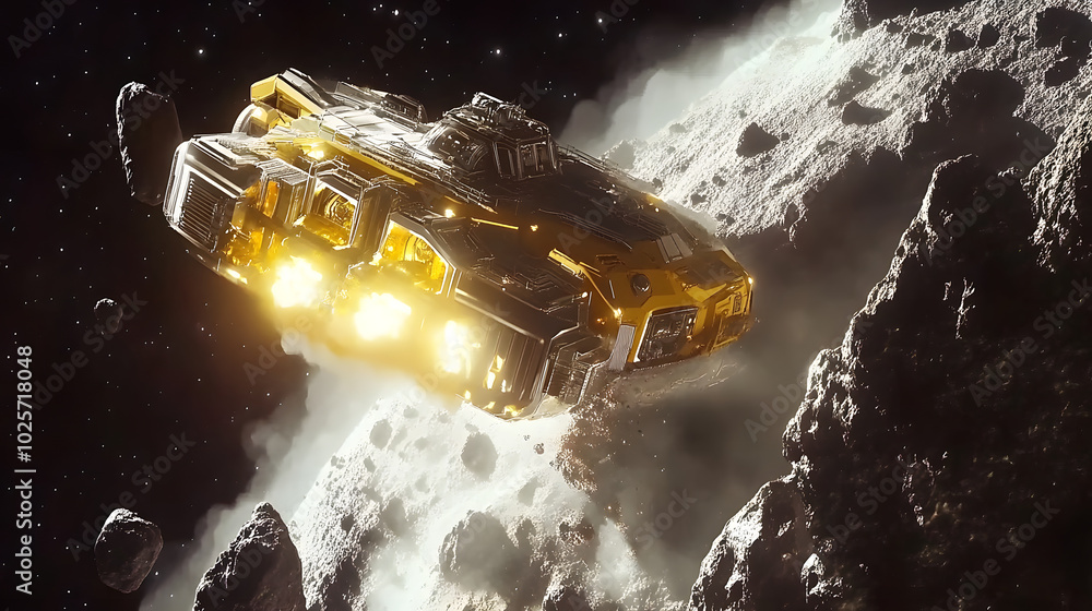 Poster a futuristic concept of space mining with a spacecraft extracting gold from an asteroid