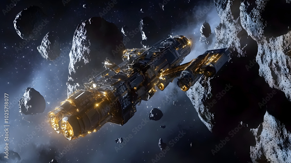 Poster a futuristic concept of space mining with a spacecraft extracting gold from an asteroid