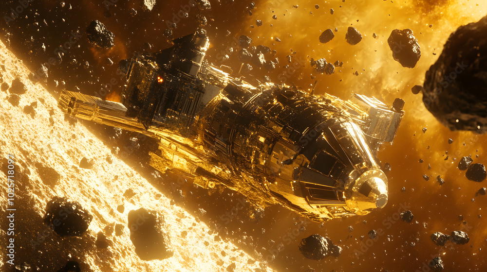 Poster a futuristic concept of space mining with a spacecraft extracting gold from an asteroid