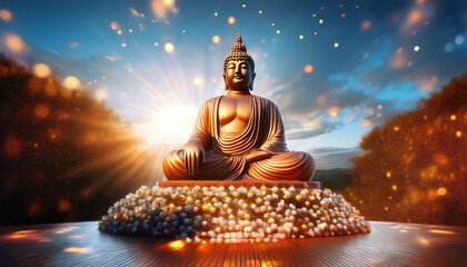 A serene Buddha statue surrounded by glowing light, symbolizing peace and enlightenment in a tranquil outdoor setting.