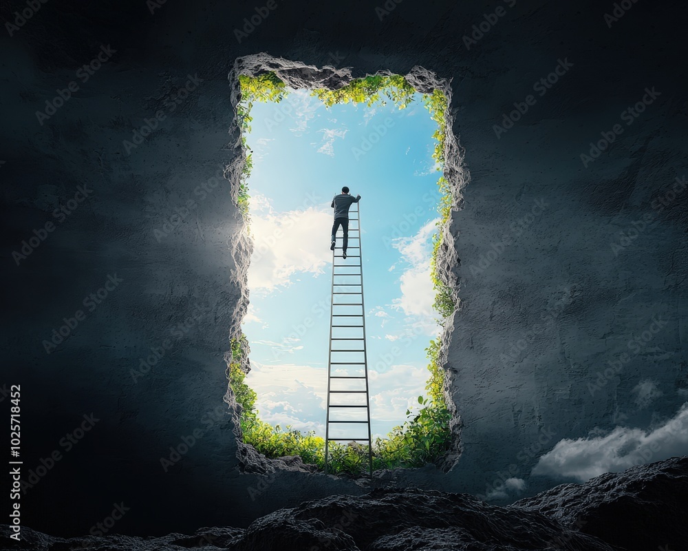 Poster a person climbing a ladder that extends beyond the frame, symbolizing continuous progress.
