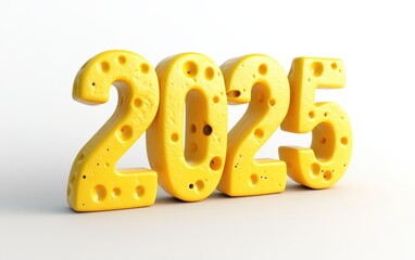 3D bold font text "2025" with cheese texture stand on white background. realistic modern design, soft lighting 