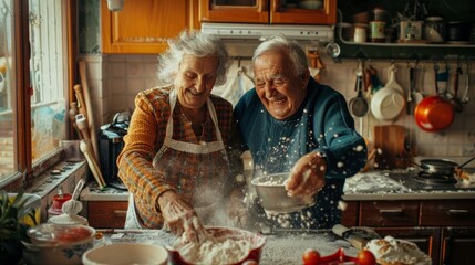 Joyful elderly couple cooking together in a warm kitchen filled with love and laughter, creating delicious memories with each dish.
