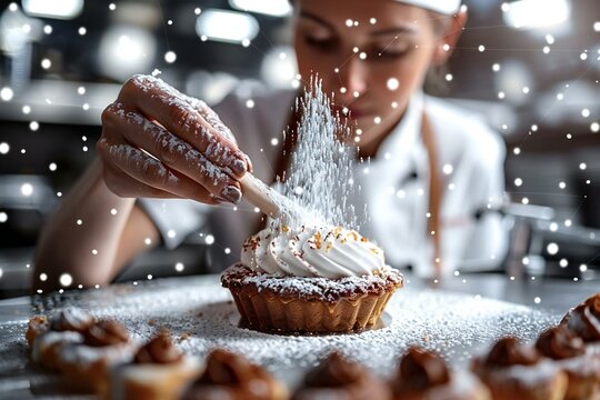 Close-up shot of a female chef carefully decorating a dessert in a professional kitchen, chef, dessert, pastry, kitchen, cooking, baking, female, food styling, culinary arts, preparation.