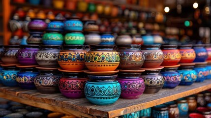 Handmade Pottery Markets, vibrant colors, eclectic styles, indoor setting, photography