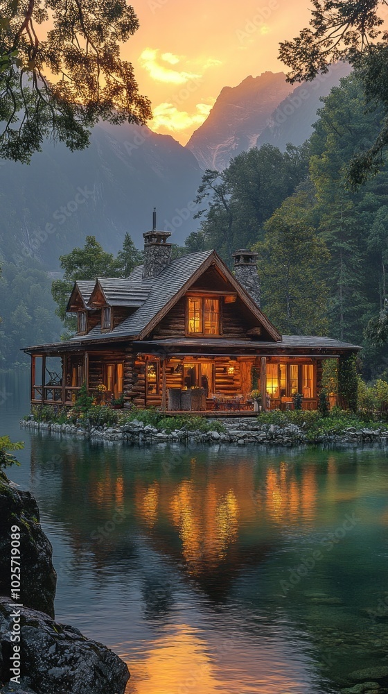 Poster a small cabin is floating on a lake with a beautiful sunset in the background