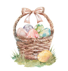 Easter wicker basket with satin ribbon bow on handle and painted eggs watercolor illustration