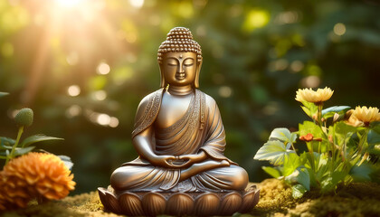 Serene Buddha statue surrounded by nature, symbolizing peace and tranquility in a lush garden setting.