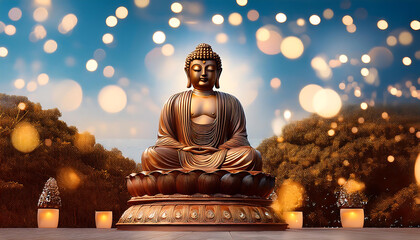 Serene statue of Buddha surrounded by soft bokeh lights, symbolizing tranquility and mindfulness in a peaceful setting.