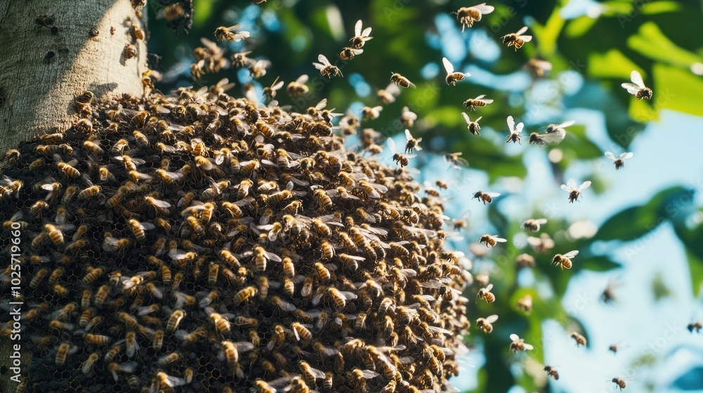 Poster a large beehive with a swarm of bees flying around it, in a tree.