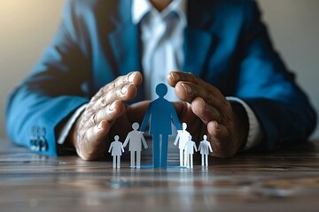 businessman protecting paper people at a table to symbolize partnership and cooperation within the community.