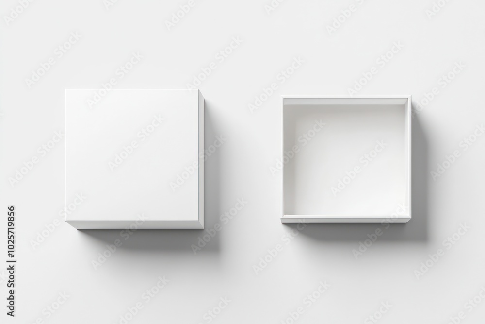 Poster render a white gift box set, showing open and closed views from above in 3d vector.