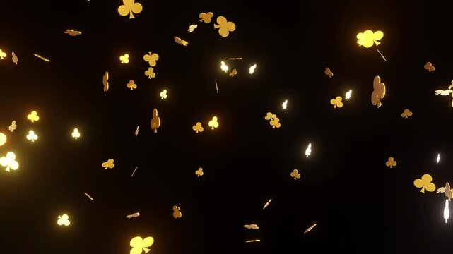 Abstract casino background featuring floating golden Clubs symbols on a dark backdrop. Ideal for casino and online gambling themes. 3D render 4K