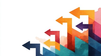 Abstract arrows in vibrant colors, symbolizing progress and direction, rise in a dynamic arrangement against a minimalistic background.