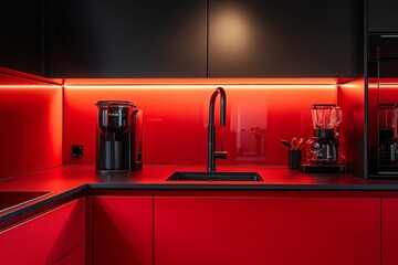 Modern Kitchen Design with Red Accents and Stylish Black Fixtures