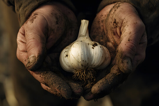 Hands holding a whole garlic bulb with dirt attached, symbolizing the organic freshness and natural quality of the harvest