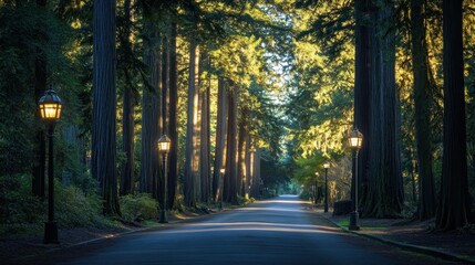 Obraz premium A winding road lined with tall trees, glowing streetlights illuminating the path ahead, creating a sense of mystery and tranquility.