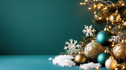 Elegant Christmas decorations featuring green and gold ornaments, snowflakes, and pine branches on a modern teal background