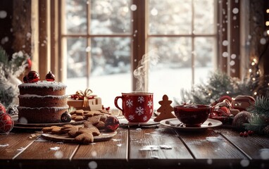 A beautifully set wooden table with a 3D-rendered festive spread, including a chocolate cake, gingerbread cookies, and a steaming cup of mulled wine. 