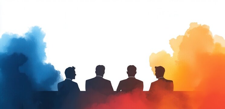 Silhouettes of four figures against a colorful, smoky background, suggesting a dynamic discussion or brainstorming session.