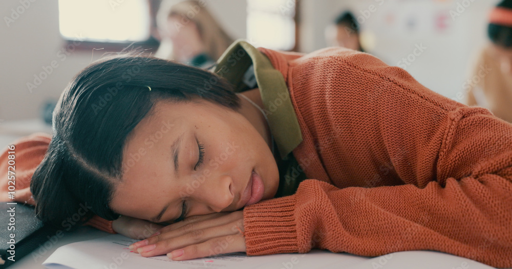 Aufkleber tired, nap and student on desk in classroom at school with fatigue in lesson for learning. burnout, 