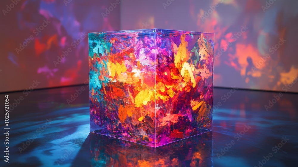 Poster a colorful cube with a glowing, abstract, swirling pattern inside, casting a reflection on a surface