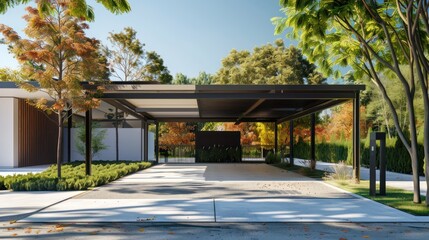 Obraz premium Modern House with a Metal Pergola and Lush Landscaping