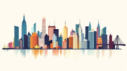 Fototapeta premium A colorful illustration of the New York City skyline with the Brooklyn Bridge in the background.