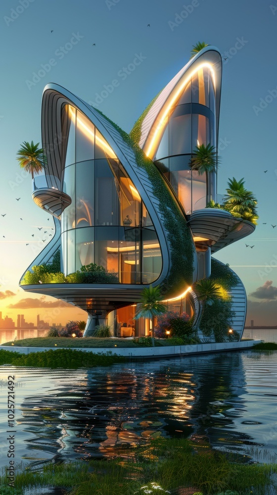 Sticker A futuristic home built on the water with a unique design. AI.