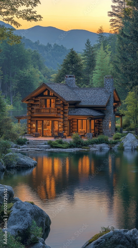 Poster a log cabin with a fireplace and a lake in the background