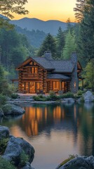 A log cabin with a fireplace and a lake in the background