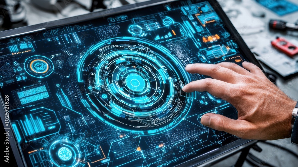 Poster futuristic user interface interaction on digital screen