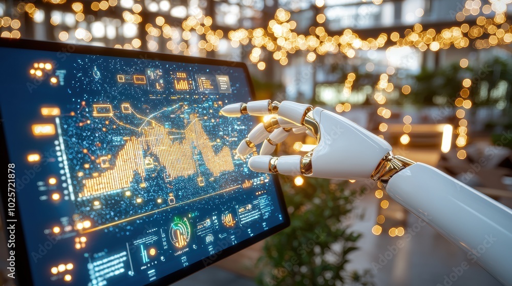 Poster futuristic robot hand interacting with data screen