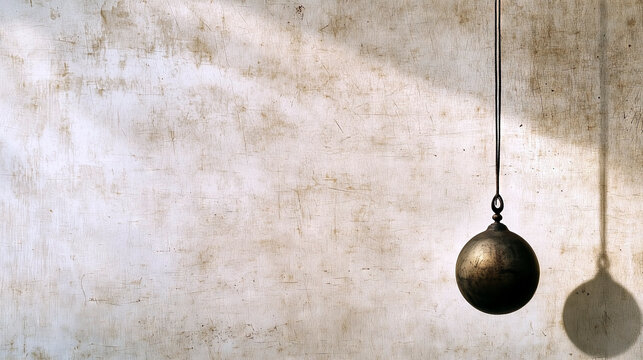 Demolition wrecking ball hanging from crane on empty grunge background