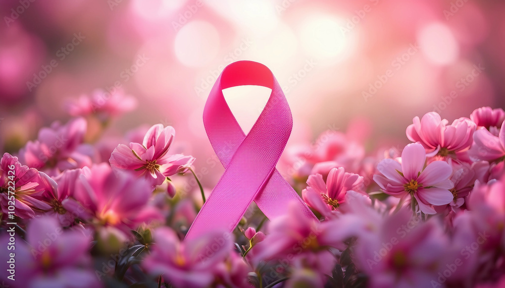 Sticker Pink ribbon symbolizing hope and breast cancer awareness amidst a serene, floral background. 