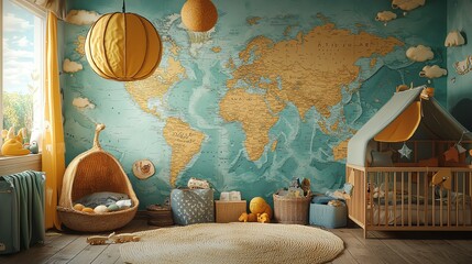 Adventurethemed nursery with world map wallpaper, 3D illustration