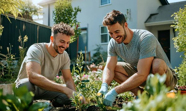 Handsome LGBTQ gay couple gardening in a sunny garden with smiles
