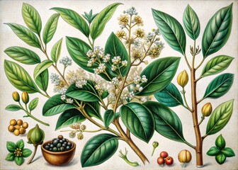 Charming vintage botanical illustration of the mastic plant, perfect for nature enthusiasts and historical art lovers. A nostalgic tribute to nature's intricate wonders.