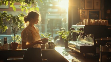 Barista working in a cozy cafe, the sun casts a warm glow through the window, creating a peaceful and inviting atmosphere.