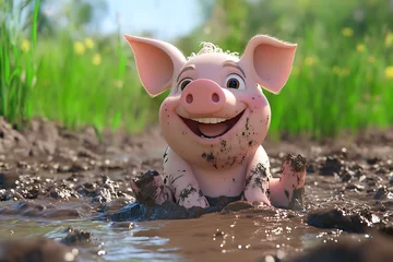 A cheerful cartoon pig playing in muddy water, showcasing joy and playfulness in nature.