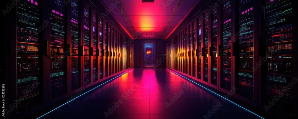 Poster conceptual ai research lab with glowing servers and data streams, futuristic tech development, 3d il