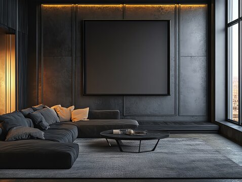 Modern living room with minimalist design and large window.