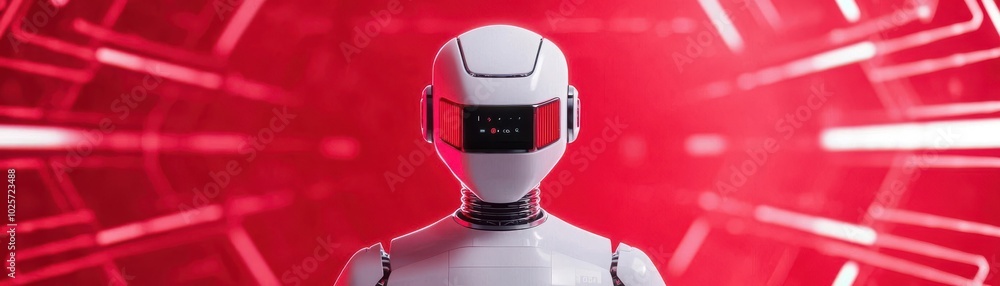 Poster robotic research lab with humanoid robots and digital interfaces, high-tech development, 3d illustra