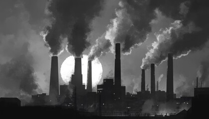 A factory silhouetted against a full moon, with smoke billowing from its chimneys, creating a dramatic and somber scene.