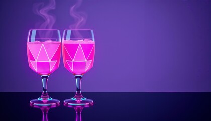 Two artistic glowing pink drinks in sleek glasses with steam on a dark reflective surface and neon background, New Year’s Eve background, toasting glasses illustration, copy space
