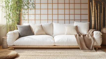 A cozy Japandi living room with a low