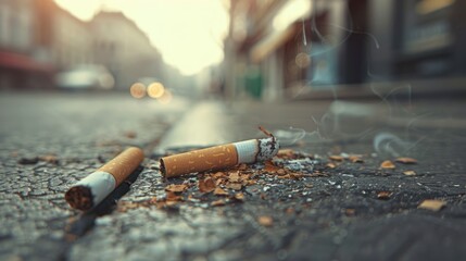 Two Smoldering Cigarette Butts on a Street with Smoke and Leaves